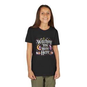 Youth Witch Halloween Tee – Cute Flying Witch & Pumpkin Design